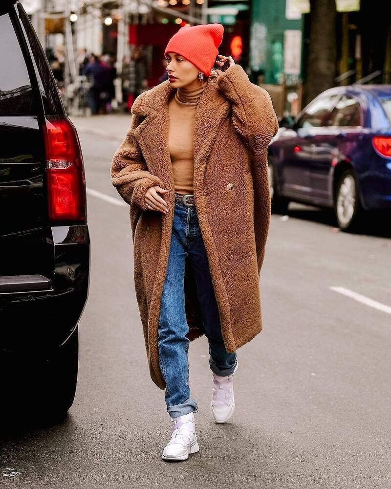 Hailey Bibier in Max Mara Teddy Bear oversize coat