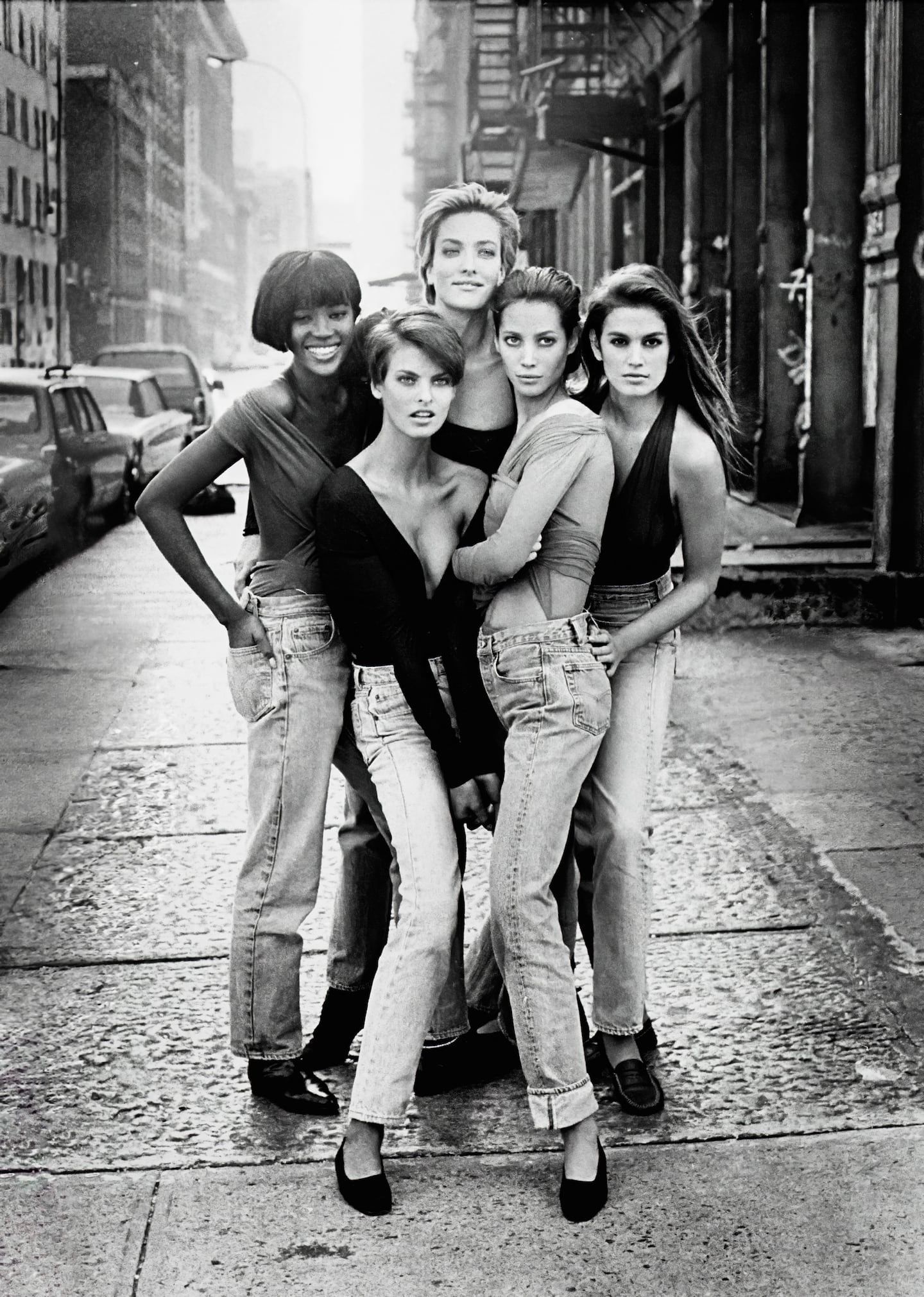 Supermodels Naomi Campbell, Linda Evangelista, Tatiana Patitz, Christy Turlington and Cindy Crawford were shot by Peter Lindbergh for the now-iconic January 1990 cover of British Vogue