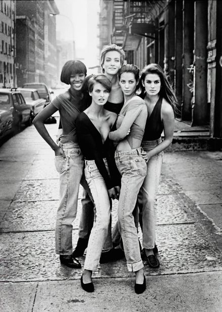 Supermodels Naomi Campbell, Linda Evangelista, Tatiana Patitz, Christy Turlington and Cindy Crawford were shot by Peter Lindbergh for the now-iconic January 1990 cover of British Vogue